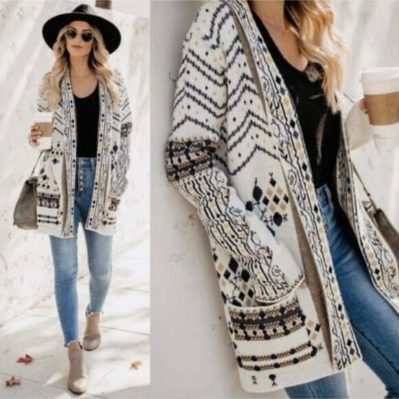 Vici Aztec Tribal Print Knit Long Sleeve Open Front Cardigan 100% Cotton Size SM - Picture 10 of 10